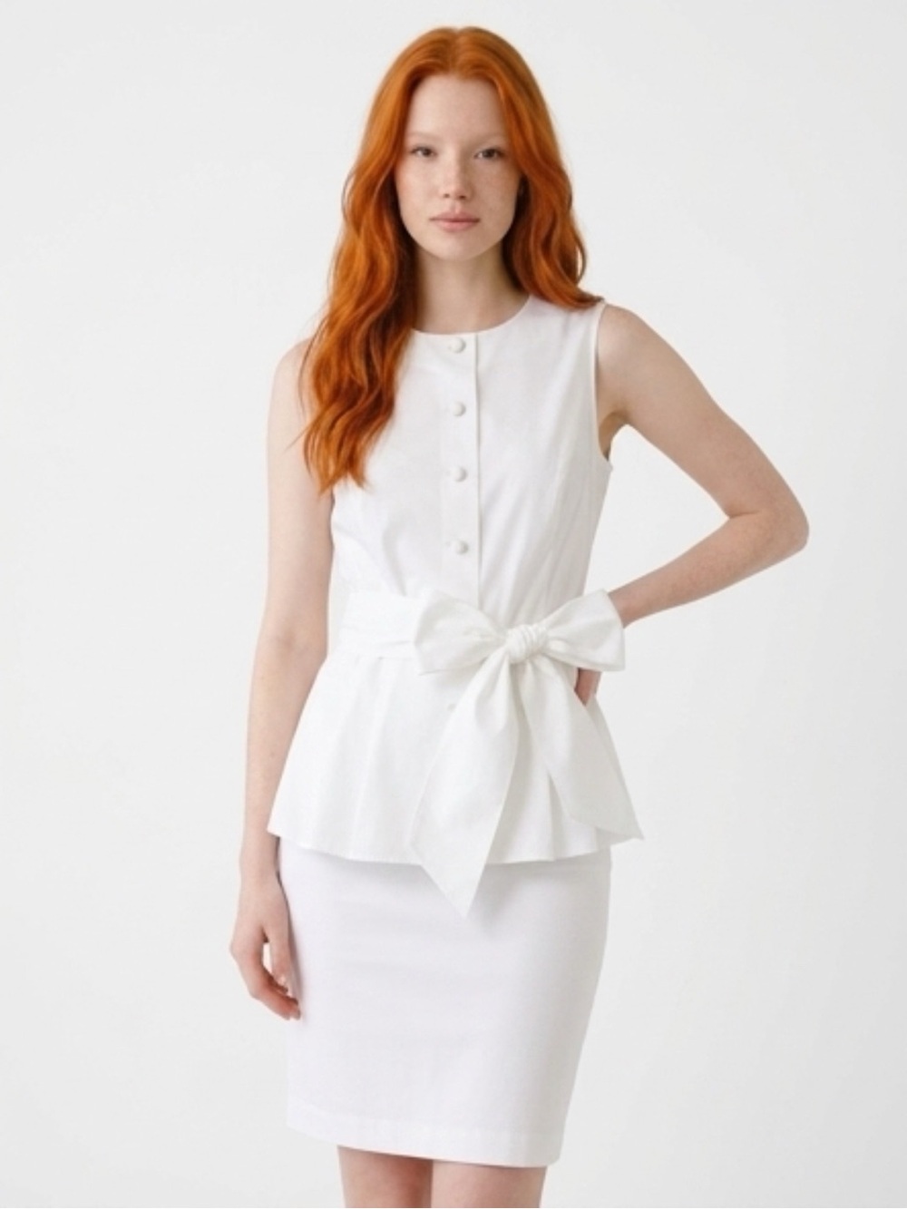 Brooks Brothers White Sleeveless Peplum Top with Waist Bow